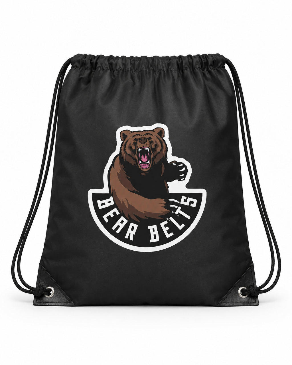Black drawstring bag with Bear Belts bear mascot graphic and 'Bear Belts' text on a white background.
