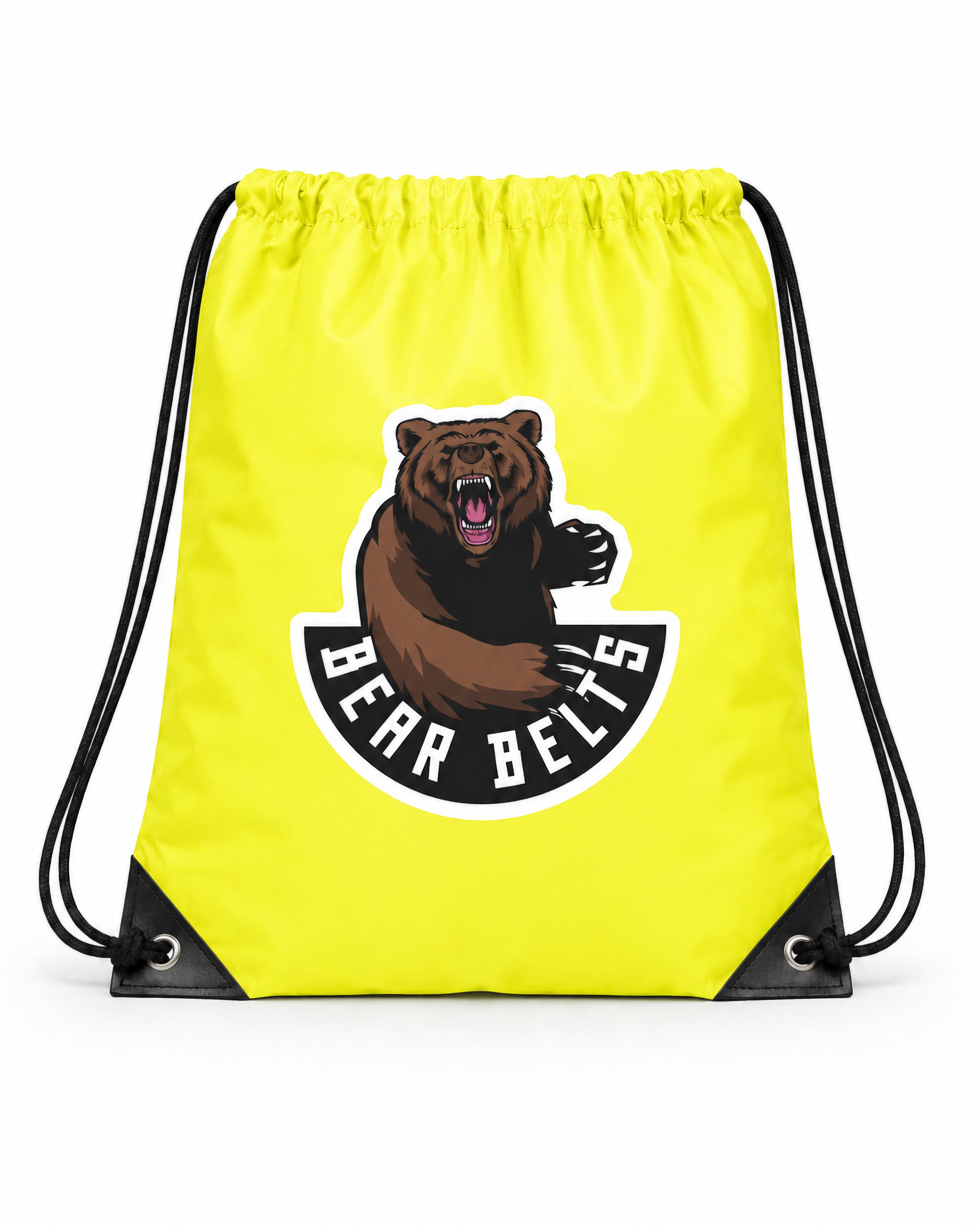 Yellow drawstring bag with Bear Belts bear mascot graphic and 'Bear Belts' text on a white background.