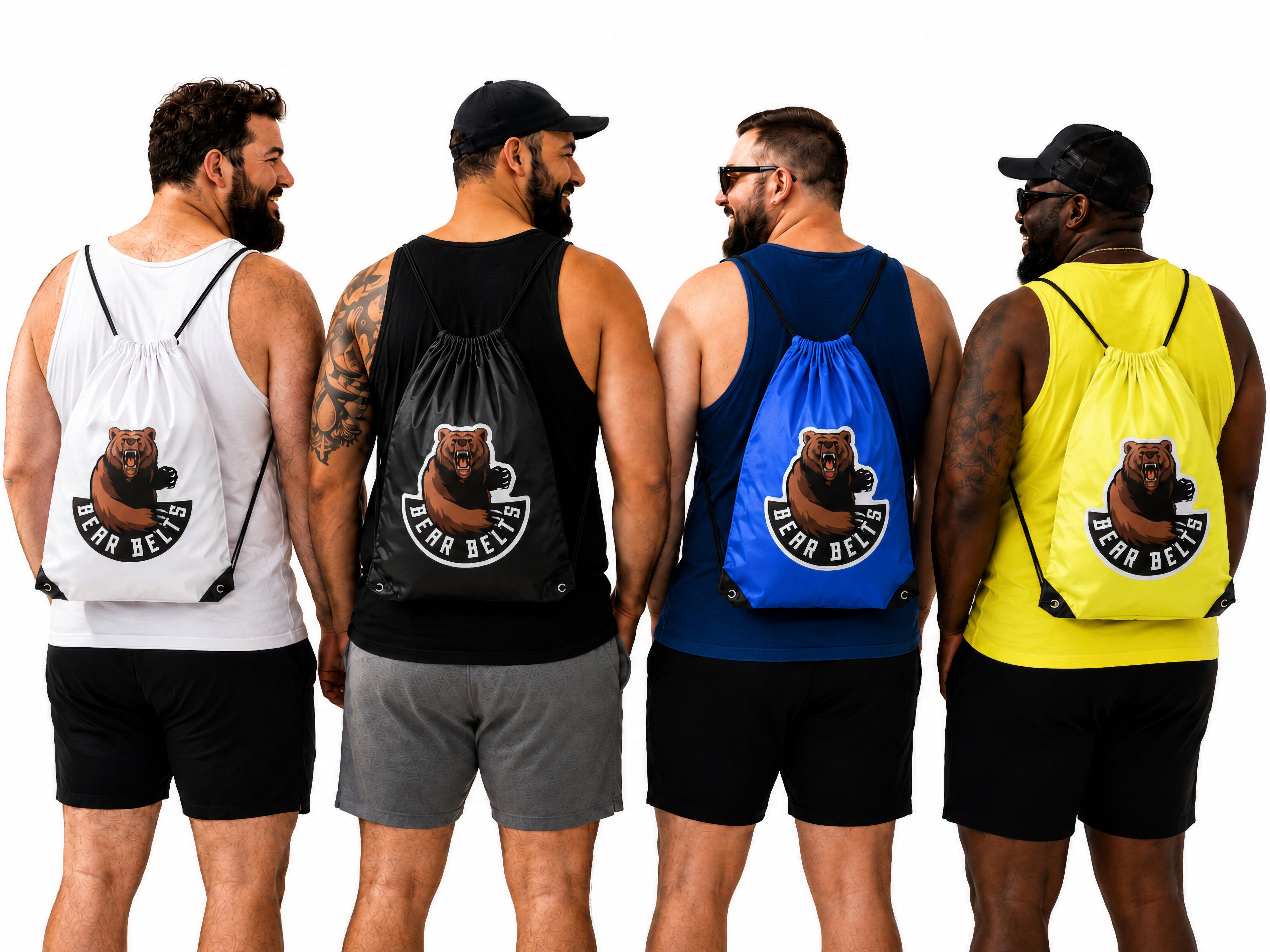 Four men wearing Bear Belts drawstring bags with Bear Belts bear mascot design on a white background.